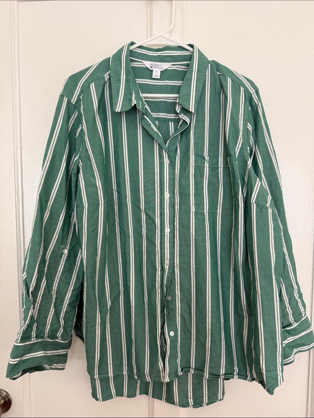 Market & Spruce Green and White Striped Button-Front Shirt